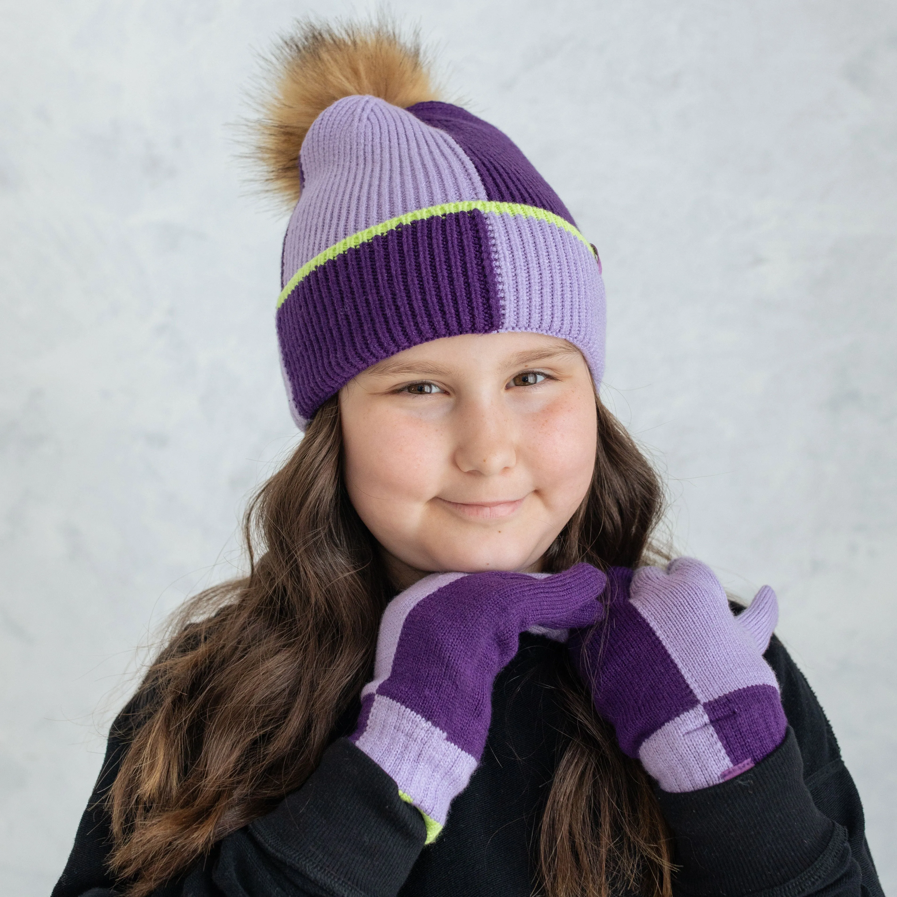 Girl's Purple Color Block Knit Gloves