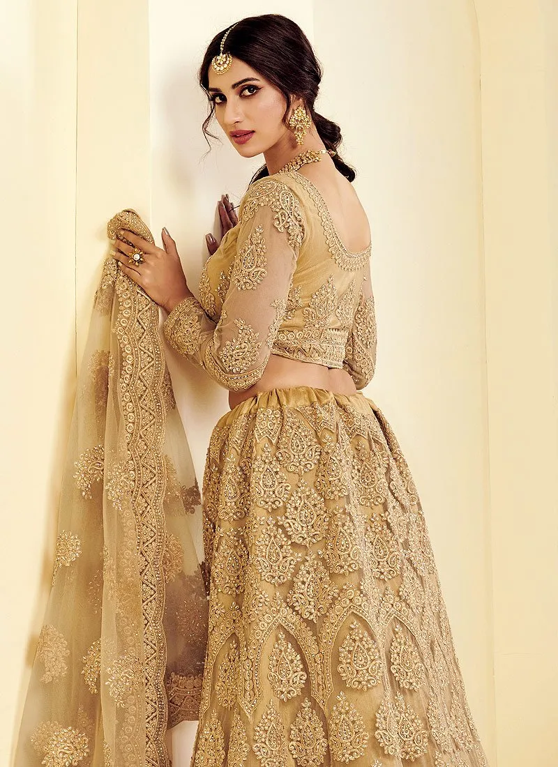 Golden Beige Pearl Embroidered Wedding Lehenga Choli