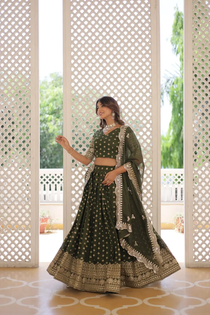 Green Enchanting Dayble Viscose Jacquard Lehenga Set with Double Zari Work