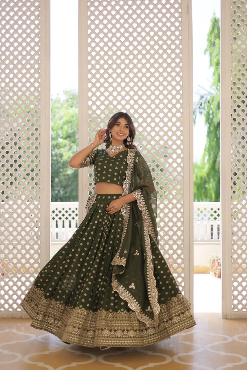 Green Enchanting Dayble Viscose Jacquard Lehenga Set with Double Zari Work