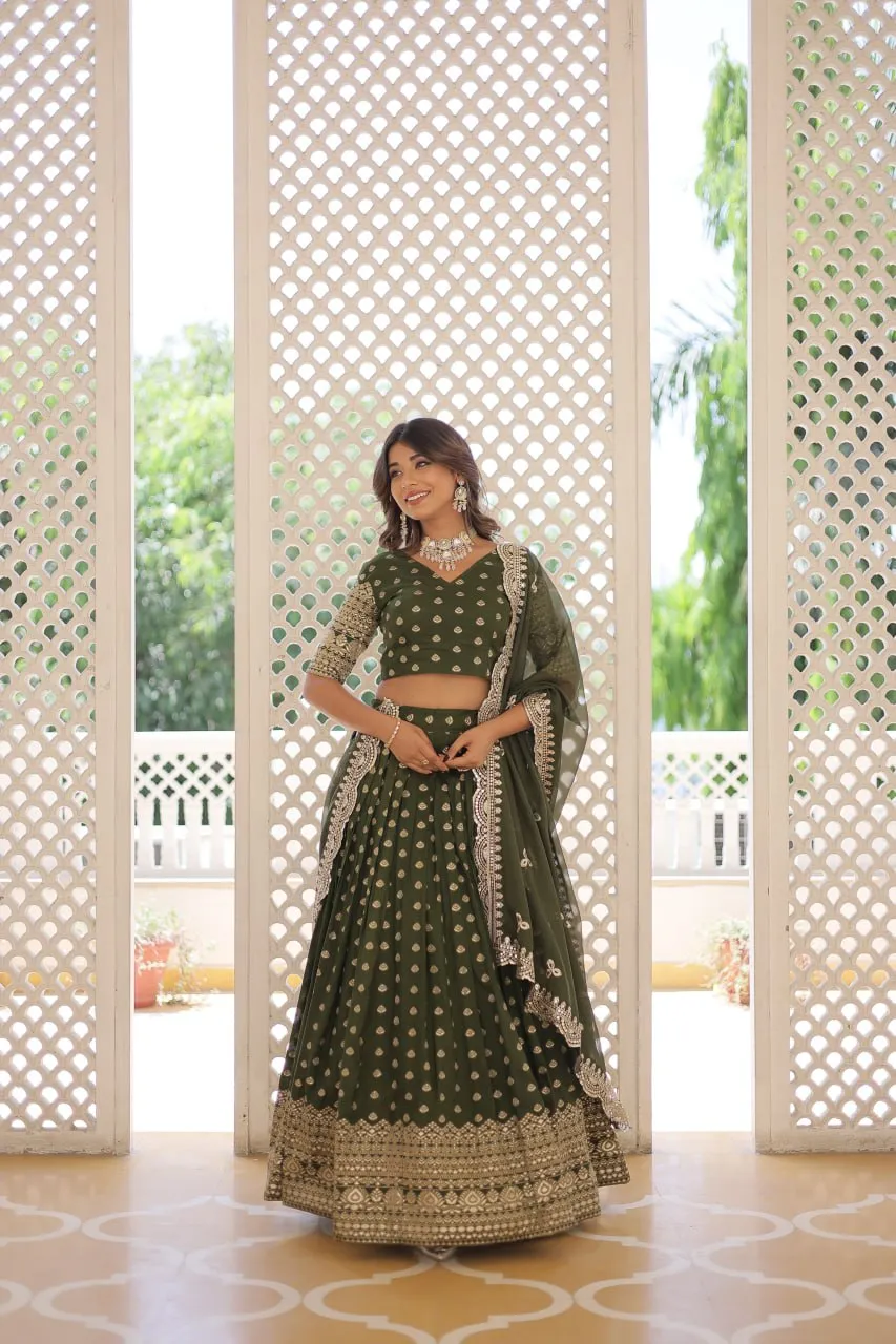 Green Enchanting Dayble Viscose Jacquard Lehenga Set with Double Zari Work