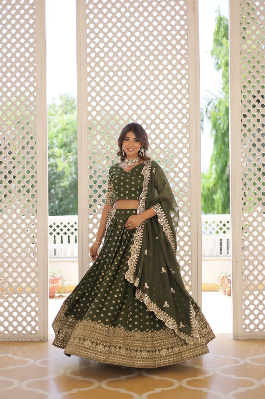 Green Enchanting Dayble Viscose Jacquard Lehenga Set with Double Zari Work