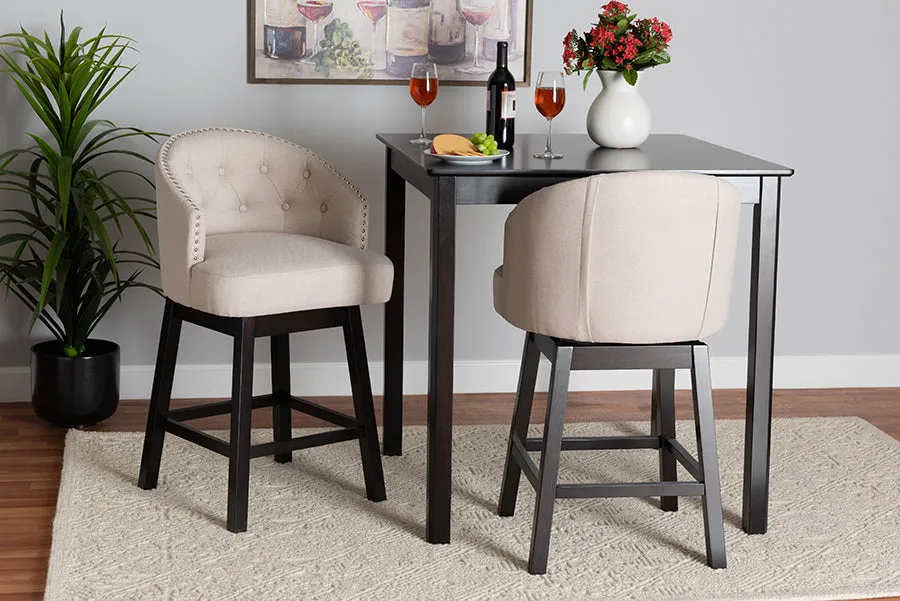 Juliet 2pcs Light Beige Fabric Espresso Brown Finished Wood Swivel Counter Stool