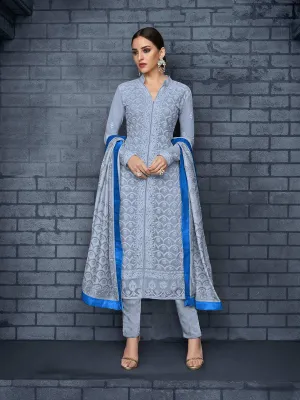 Light Blue Over All Lucknowi Embroidered Designer Pant Suit