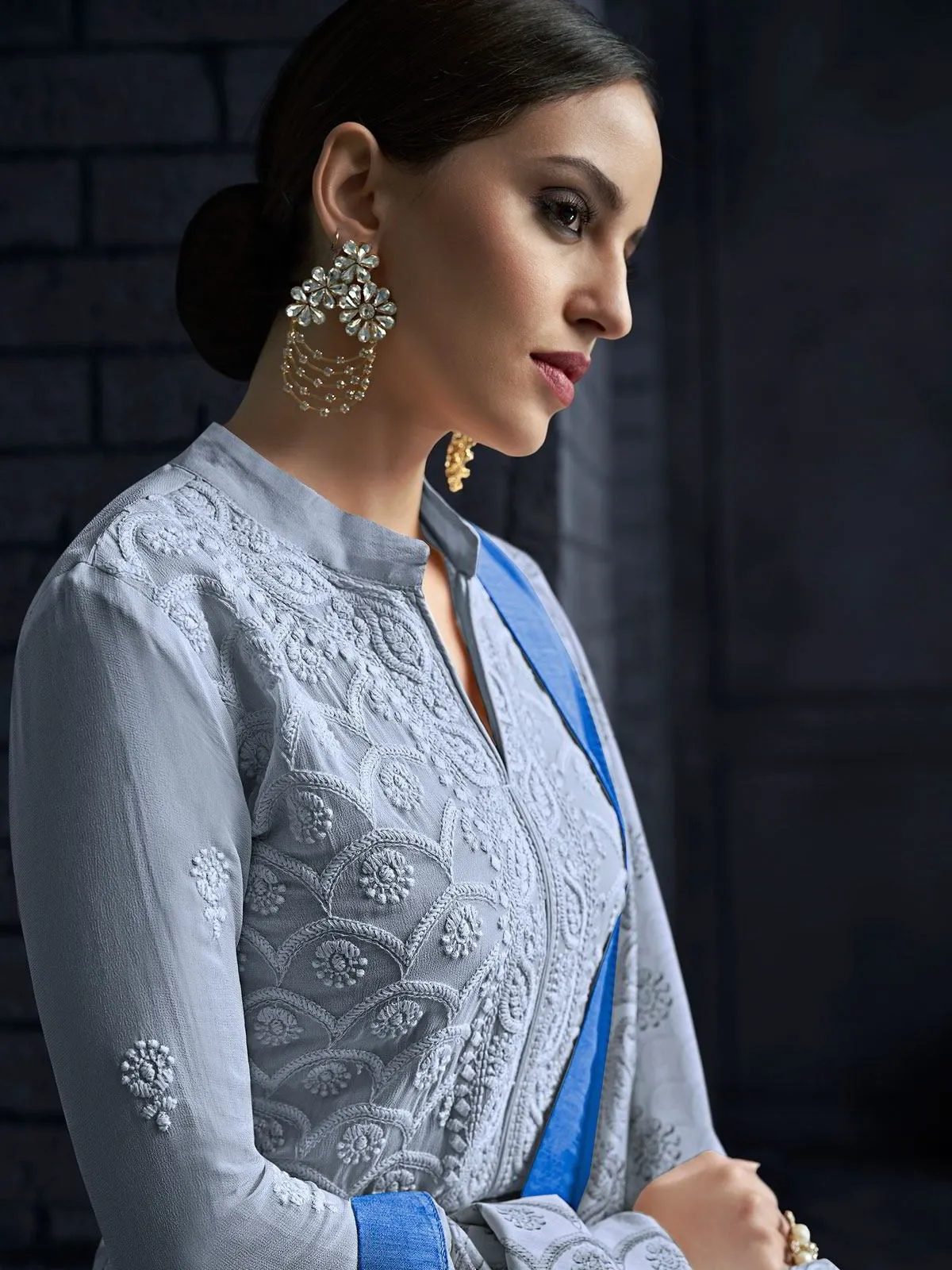 Light Blue Over All Lucknowi Embroidered Designer Pant Suit