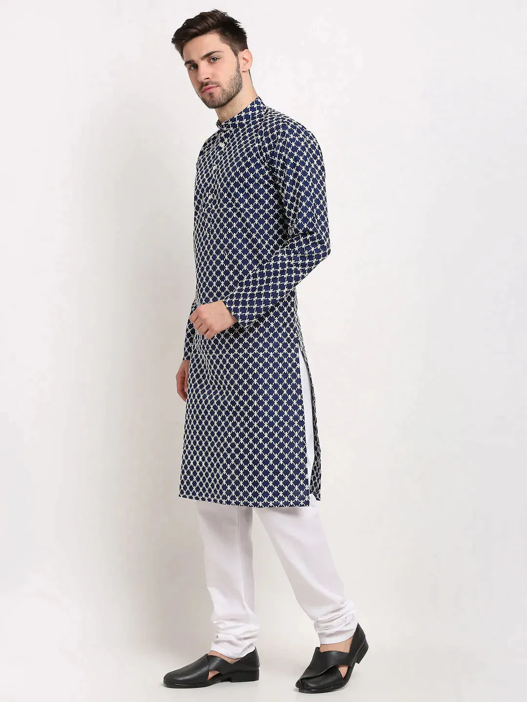 Men Navy Blue Chikankari Kurta Only