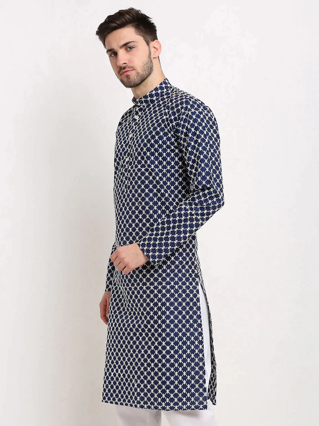 Men Navy Blue Chikankari Kurta Only