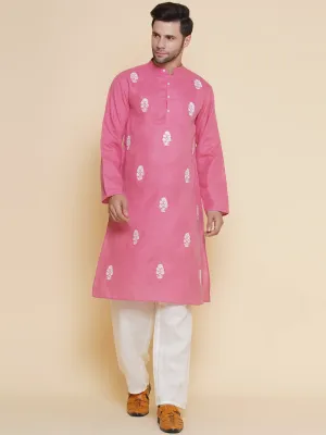 Men Pink Embroidered ethnic motifs Festive Kurta Pyjamas