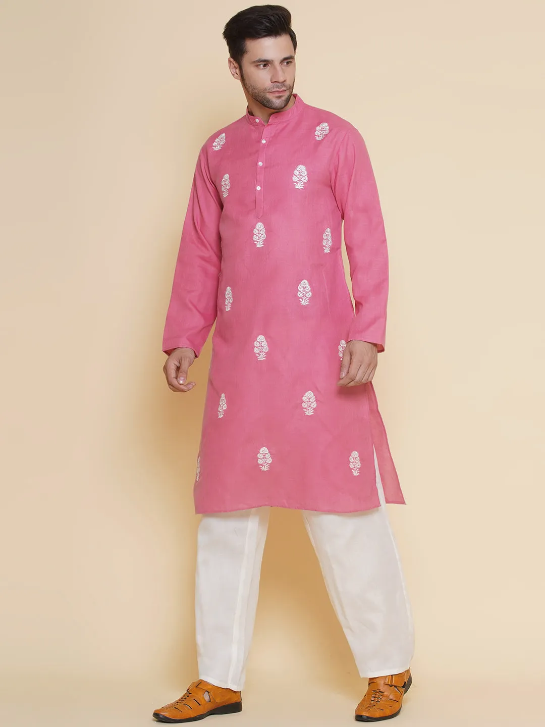 Men Pink Embroidered ethnic motifs Festive Kurta Pyjamas