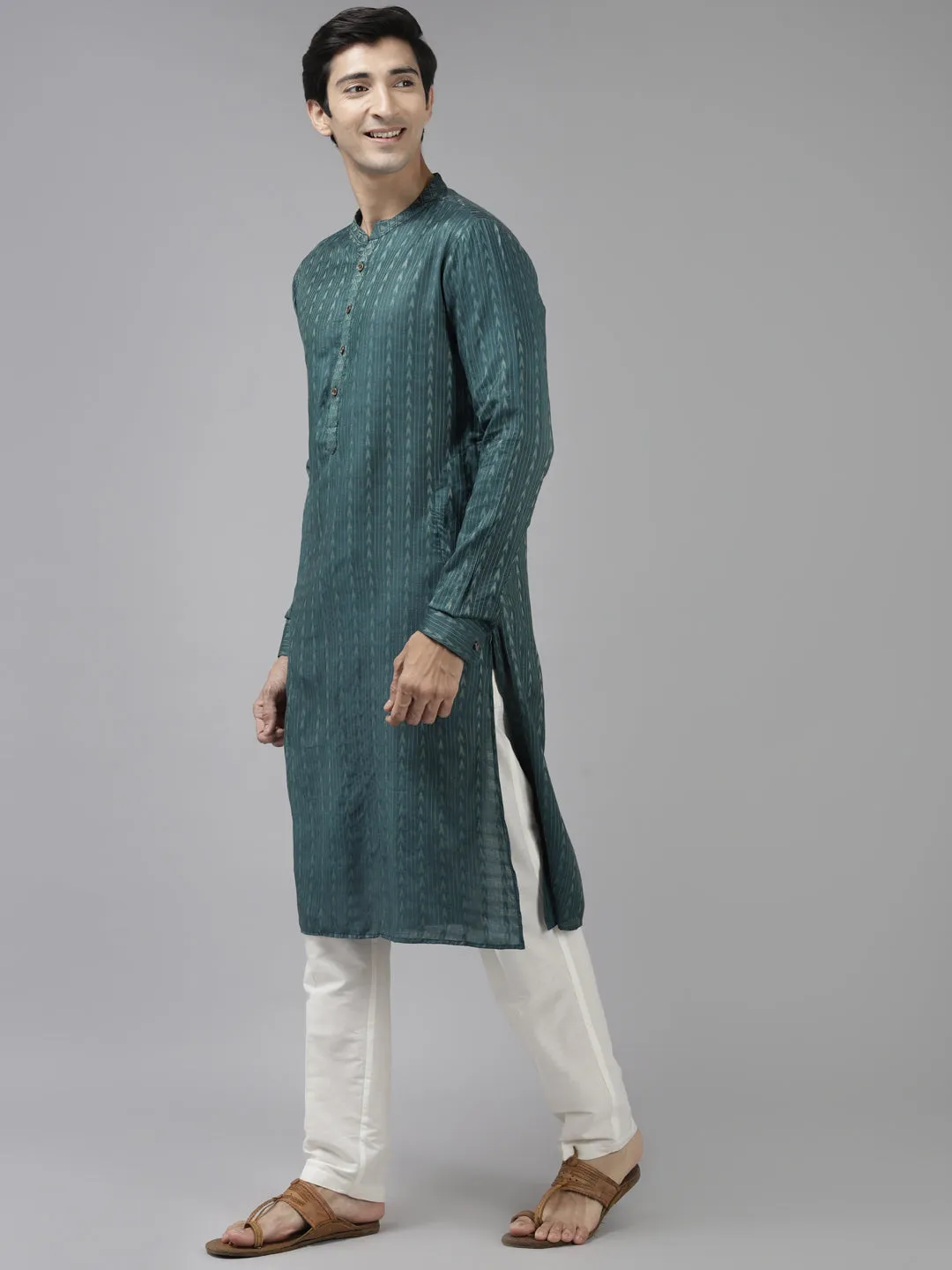 Men's Teal & Beige Woven Design Thread Work Kurta - See Designs