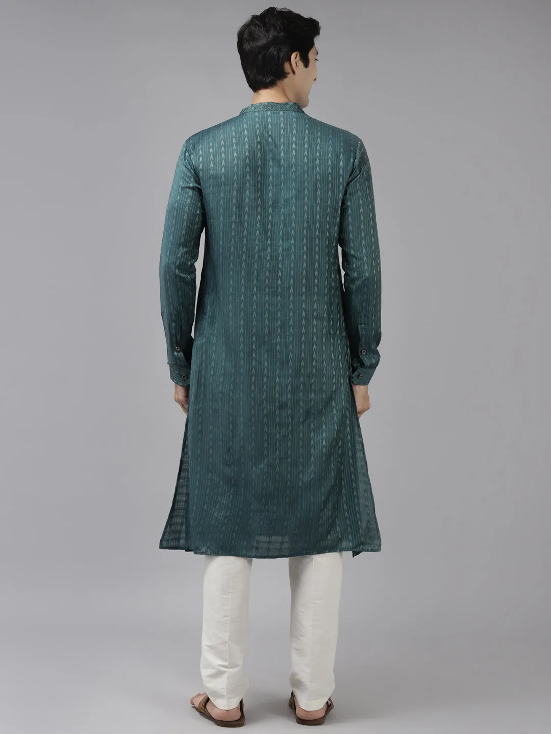 Men's Teal & Beige Woven Design Thread Work Kurta - See Designs