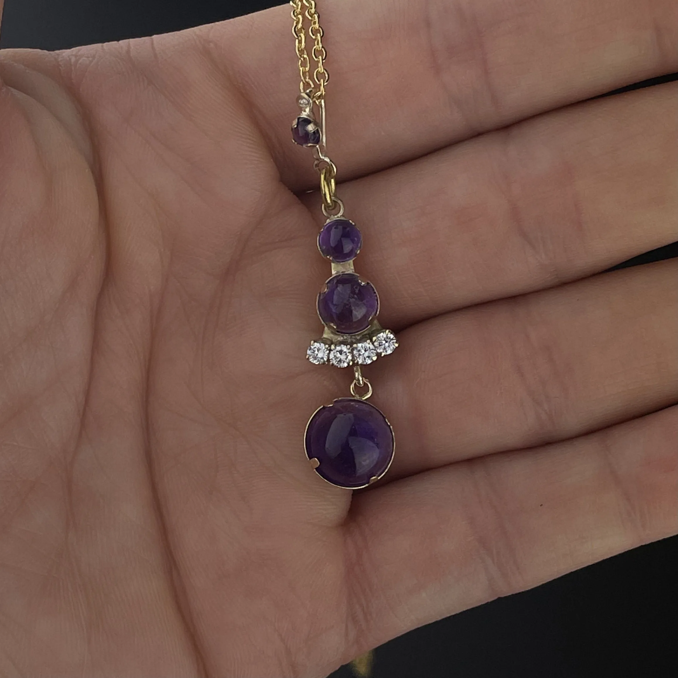 ON HOLD Gold Diamond Amethyst Cabochon Victorian Pendant Necklace