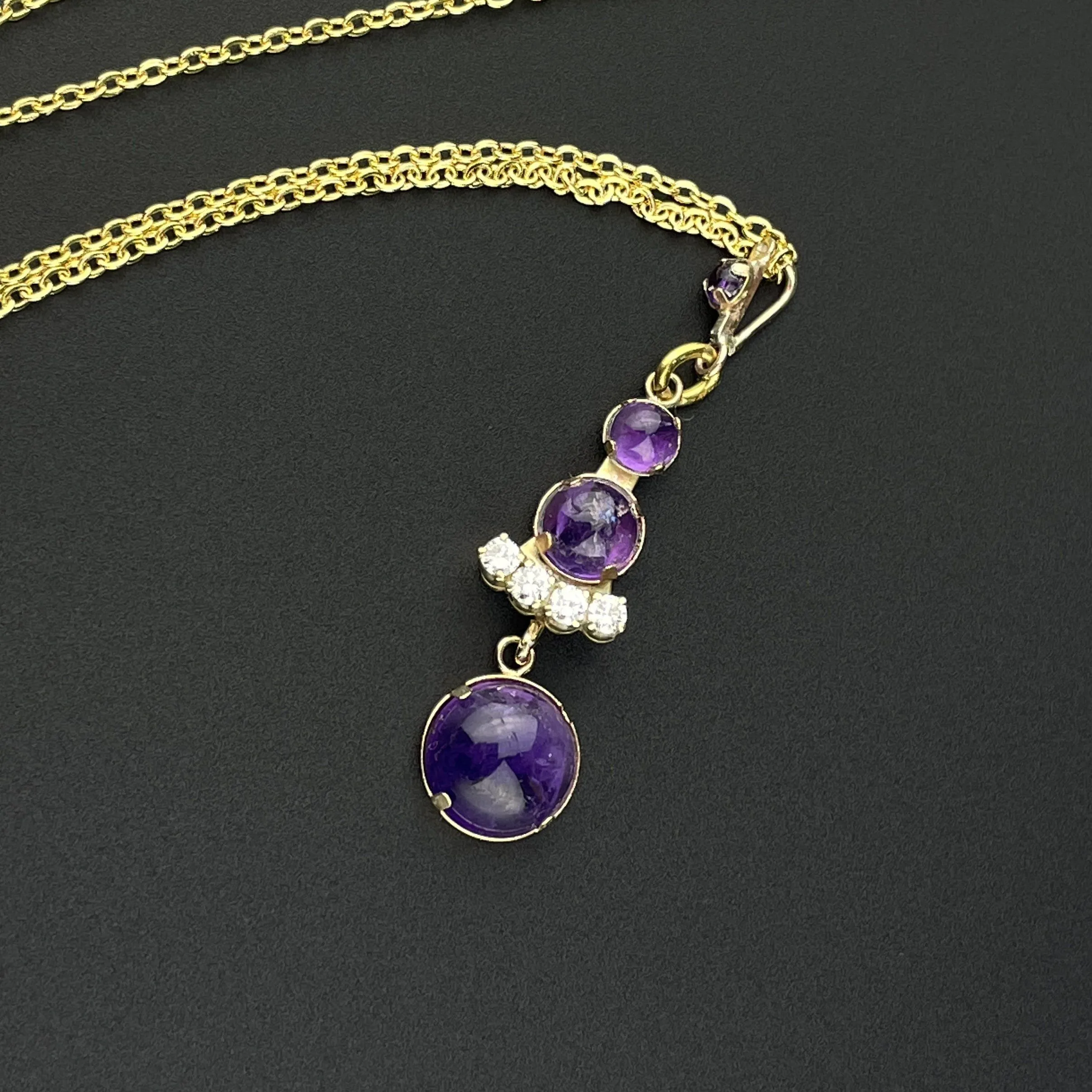 ON HOLD Gold Diamond Amethyst Cabochon Victorian Pendant Necklace