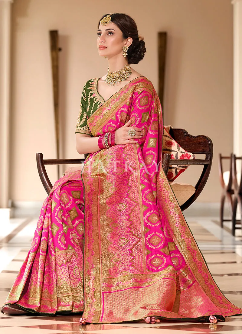 Pink And Green Embroidered Banarasi Silk Saree