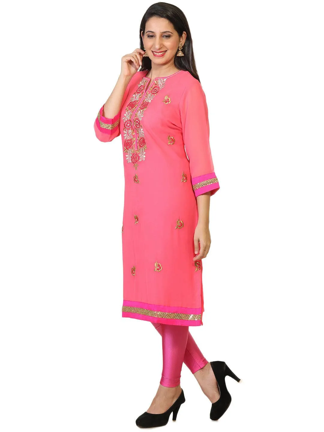 Pink Georgette Party Wear Kurta With Zari Work