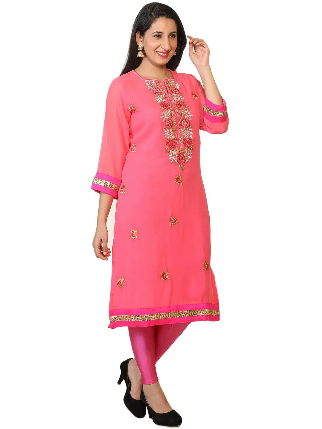 Pink Georgette Party Wear Kurta With Zari Work