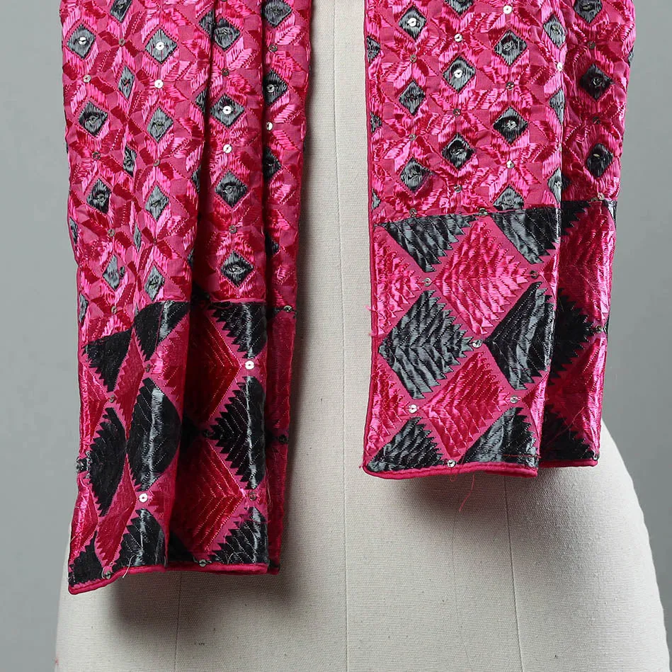 Pink - Phulkari Silk Cotton Embroidered Stole 14