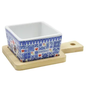 Portuguese Azulejo Style Sauce & Snack Dish with Wooden Serving Tray, Rooster