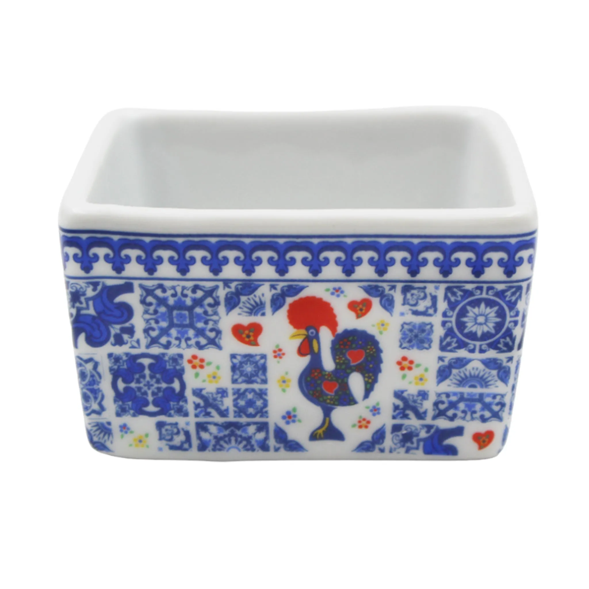 Portuguese Azulejo Style Sauce & Snack Dish with Wooden Serving Tray, Rooster