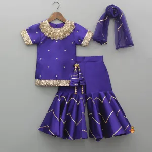 Pre Order: Embroidered Purple Kurti And Sharara With Net Dupatta