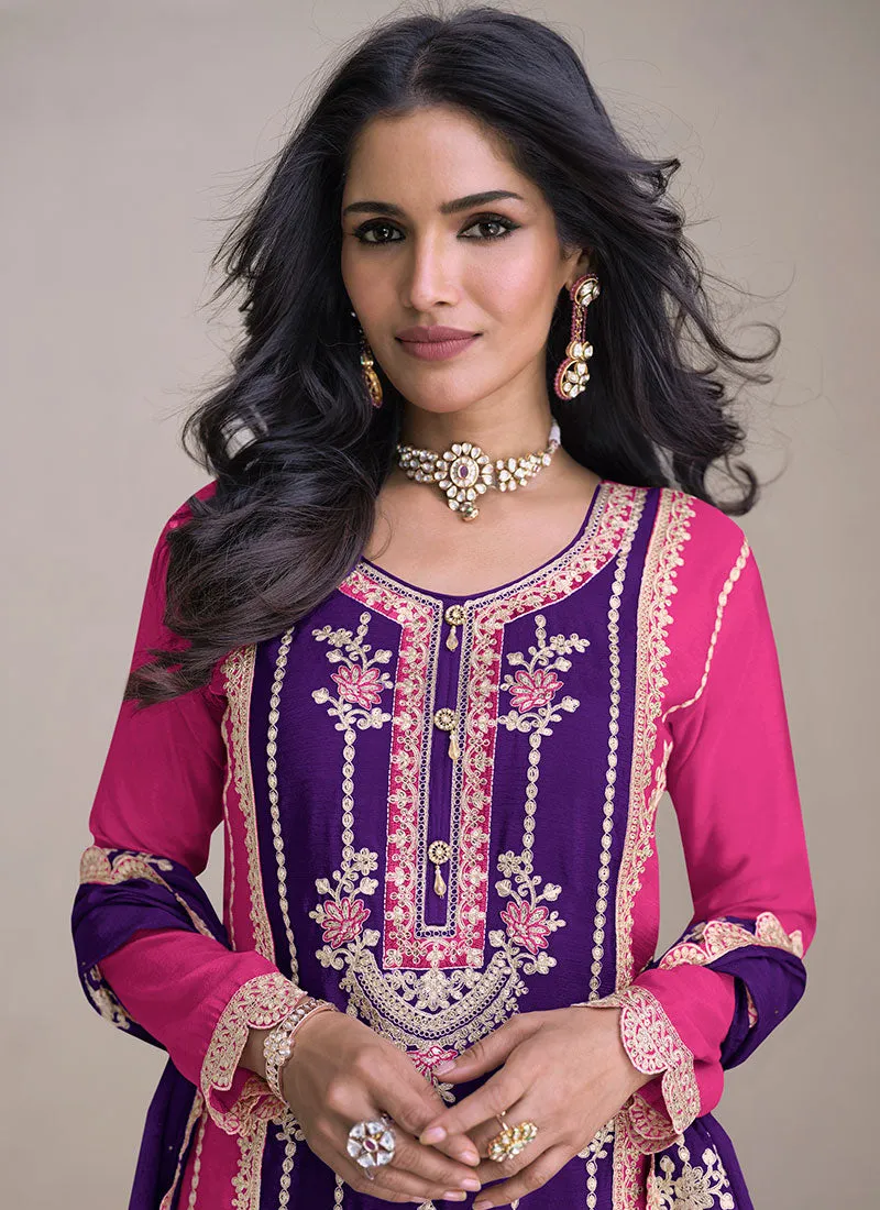 Purple And Pink Embroidery Festive Palazzo Suit