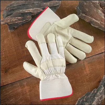 Radnor Large Premium Grain Cowhide Leather Palm Gloves With Safety Cuff, Natural White Canvas Back And Wing Thumb