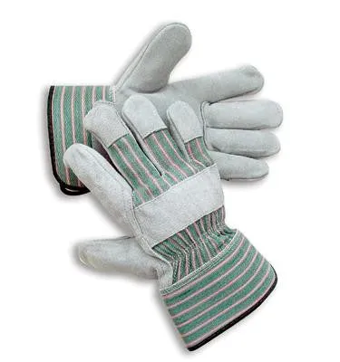 Radnor Large Premium Select Shoulder Grade Split Leather Palm Gloves With Rubberized Safety Cuff, Striped Canvas Back And Reinforced Knuckle Strap, Pull Tab, Index Finger And Fingertips