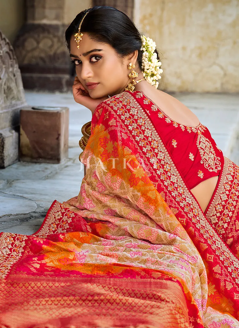 Red And Orange Multi Embroidered Silk Saree