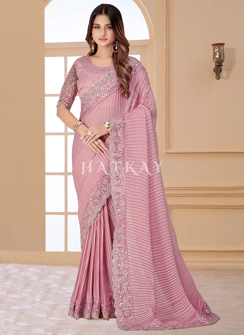 Salmon Pink Resham Embroidered Traditional Wedding Saree