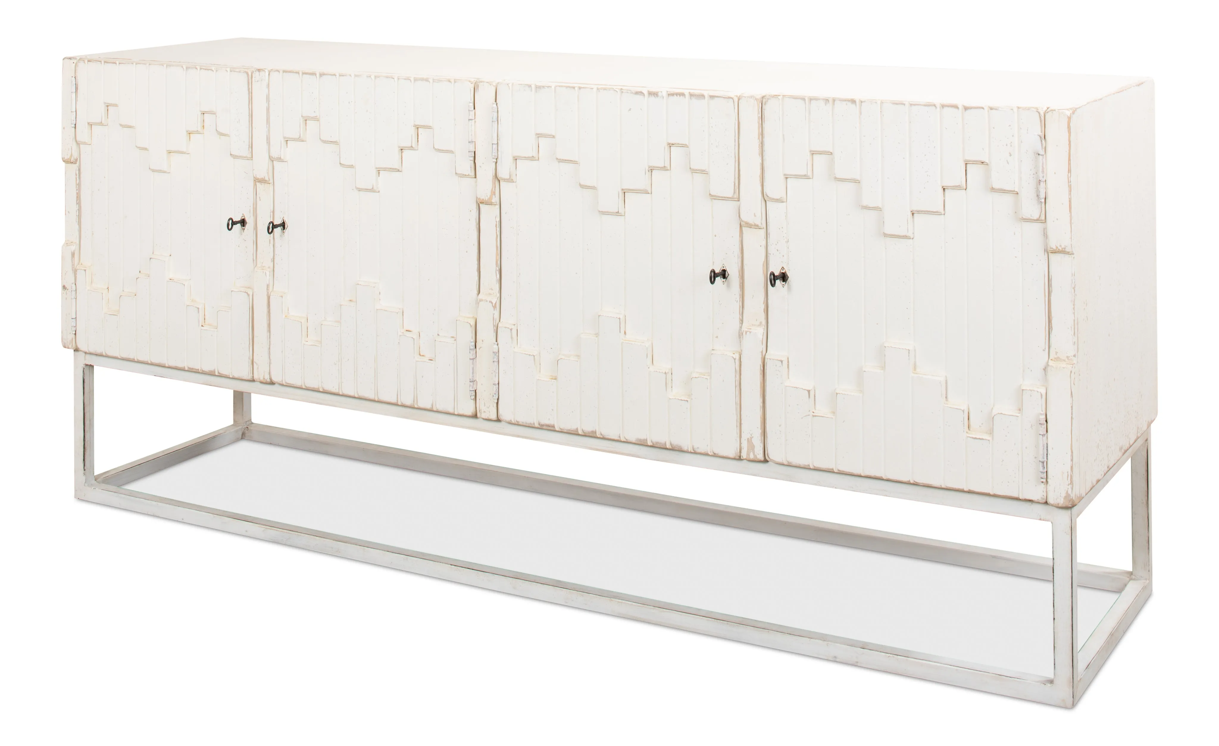 Sarreid - Aztec Sideboard On Stand  Whitewash - White - Eclectic