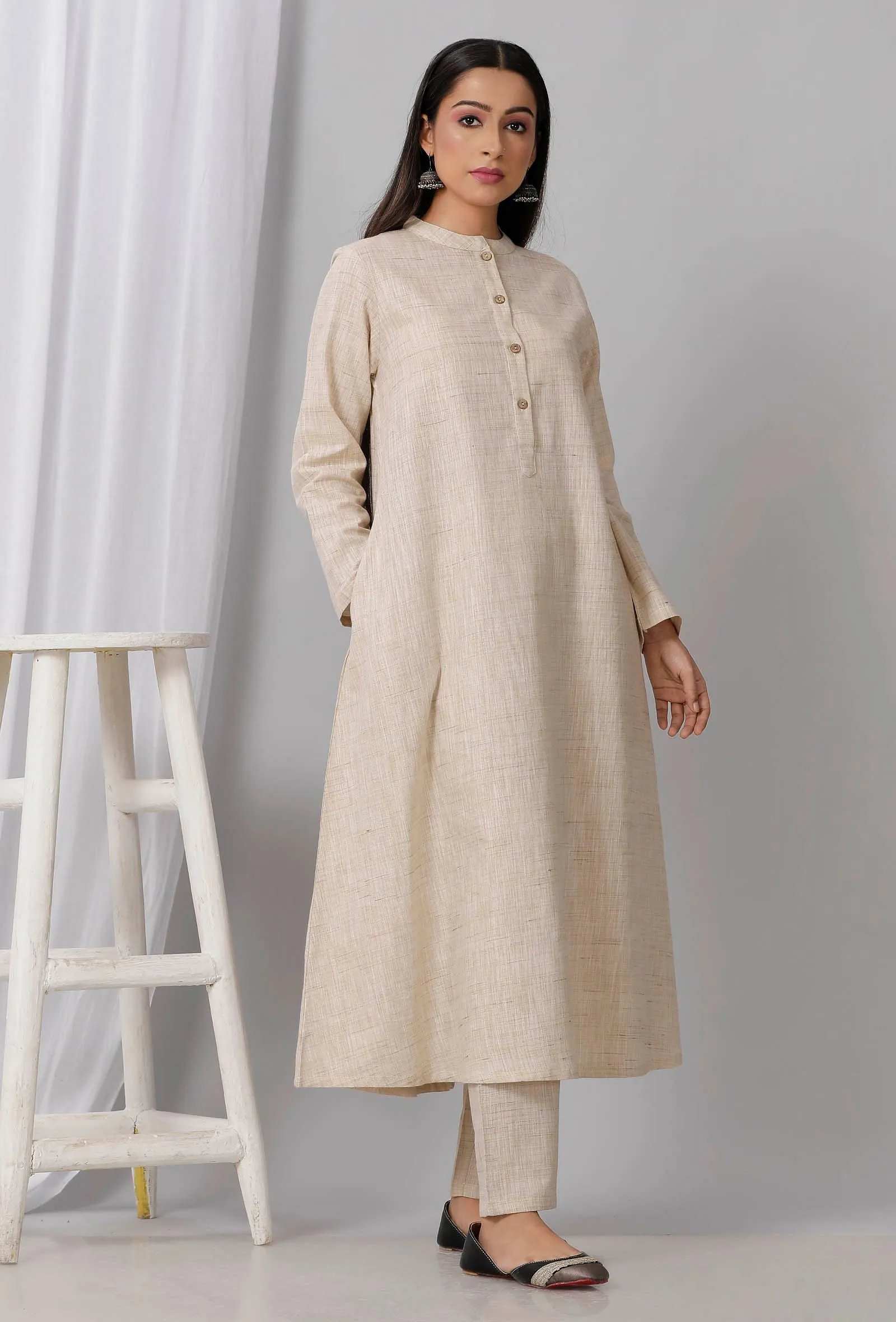 Set of 2: Beige A Line Khadi Kurta With Pant