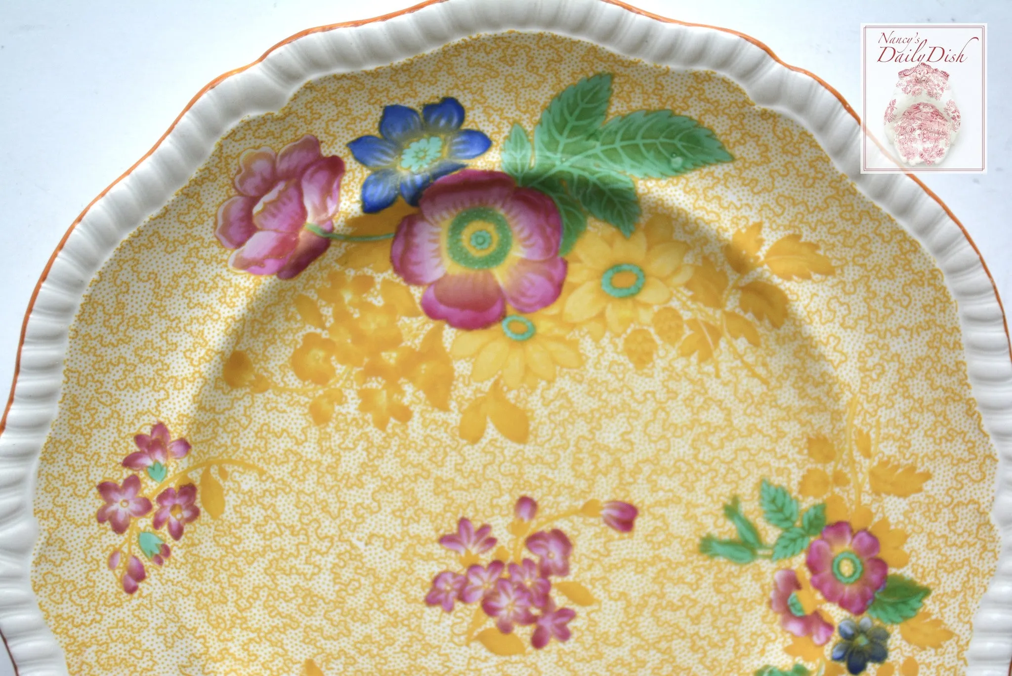 Spode Copeland Yellow Transferware Polychrome Flowers Charger or Dinner Plate