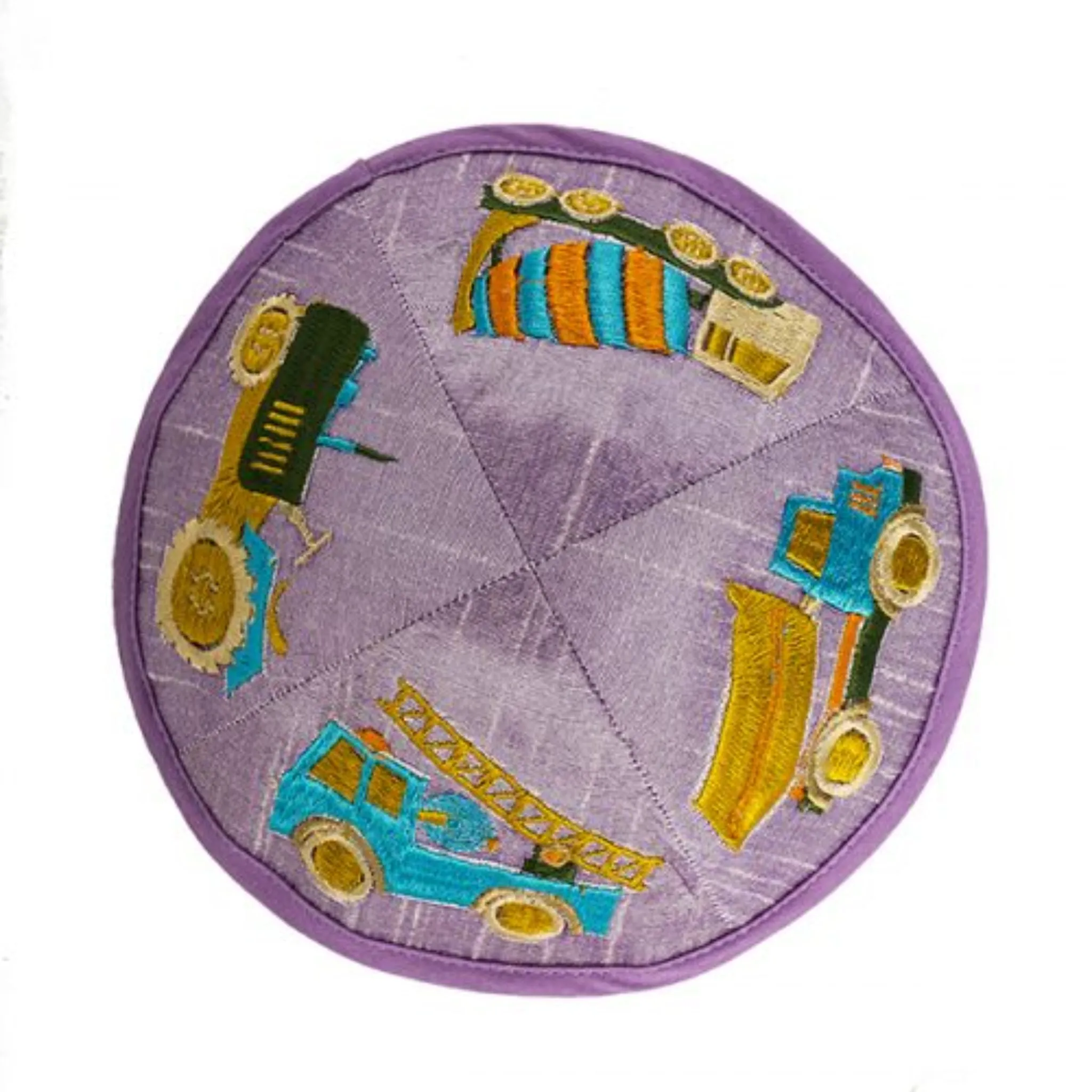 'Trucks' Kippah Silk Embroidered in Lilac by Yair Emmauel