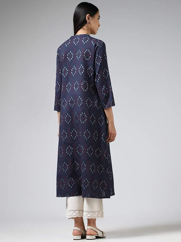 Utsa Indigo Striped & Printed Buttoned Down Kurta