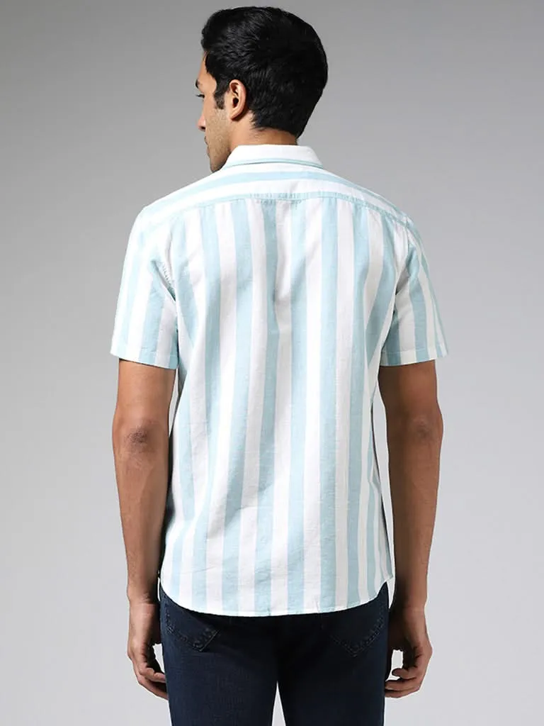 WES Casuals Aqua Striped Slim-Fit Blended Linen Shirt