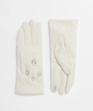 Womens Cream Touchscreeen Fabric Gloves with Gems