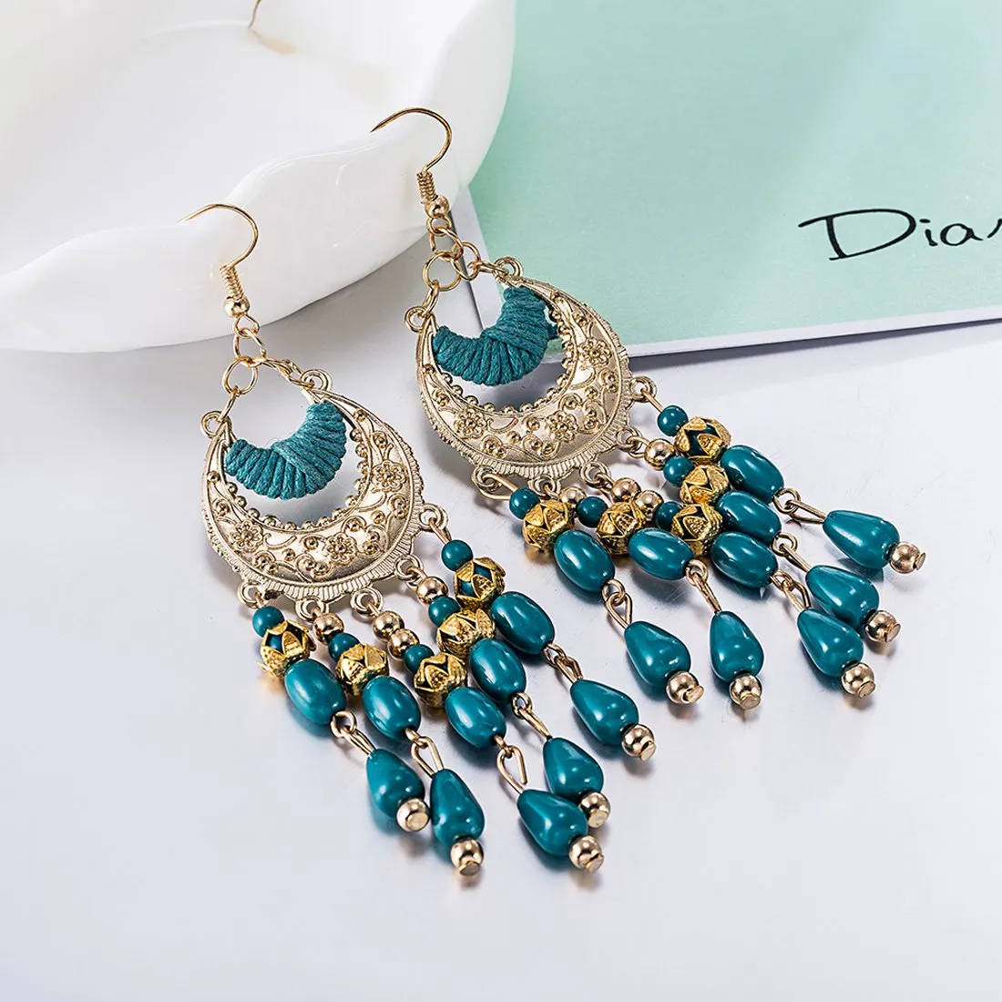 Yellow Chimes Blue Beads Dangle Earrings for Women and Girls