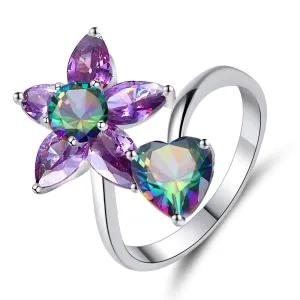 Yellow Chimes Elegant A5 Grade Floral Love Heart Purple Crystal Rhodium Plated Proposal Ring for Women & Girls