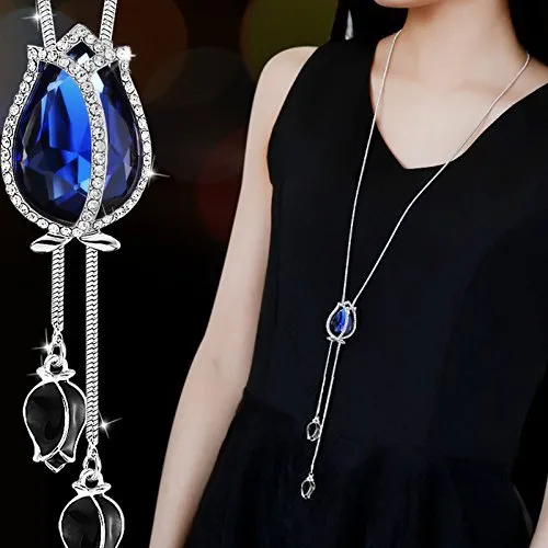 Yellow Chimes Lotus Bud Charm Stlish Crystal Long Chain Pendant Necklace for Women and Girls