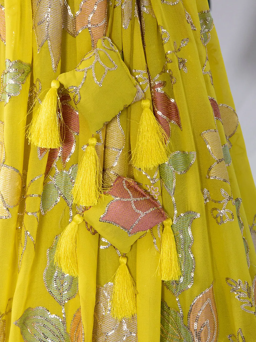 Yellow Color Sequins And Thread Embroidery Work Georgette Lehenga Choli