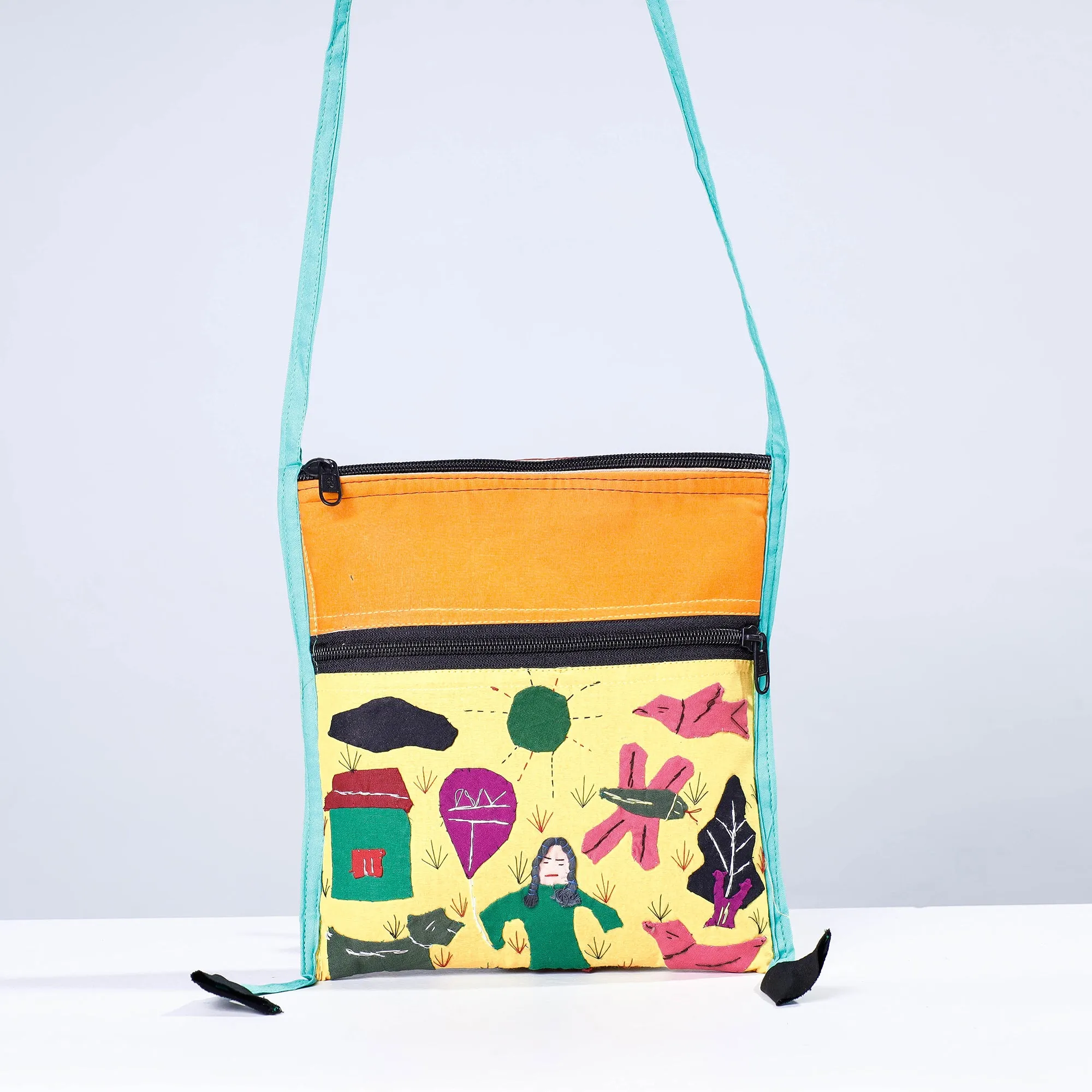 Yellow - Pipli Applique Work Cotton Sling Bag