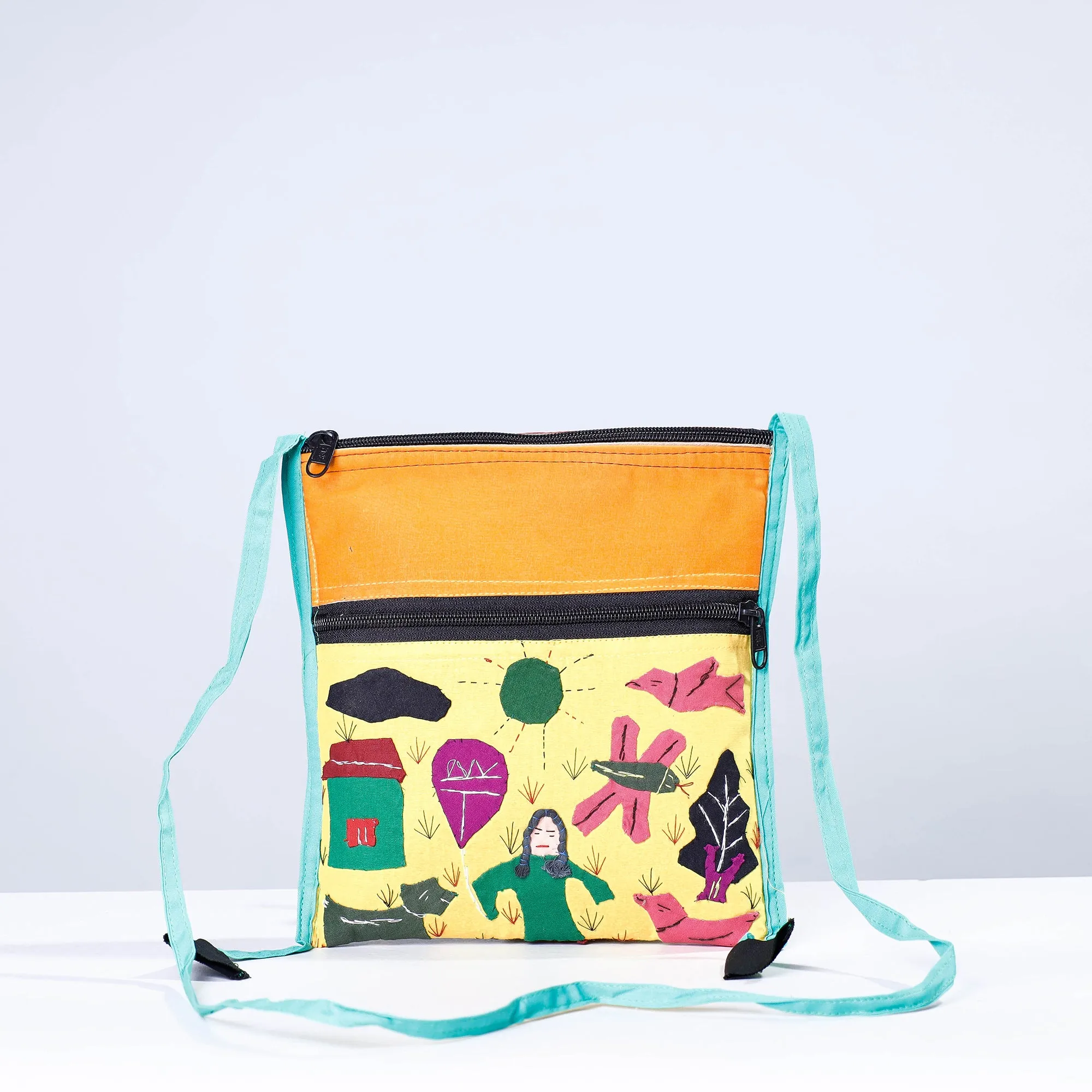 Yellow - Pipli Applique Work Cotton Sling Bag