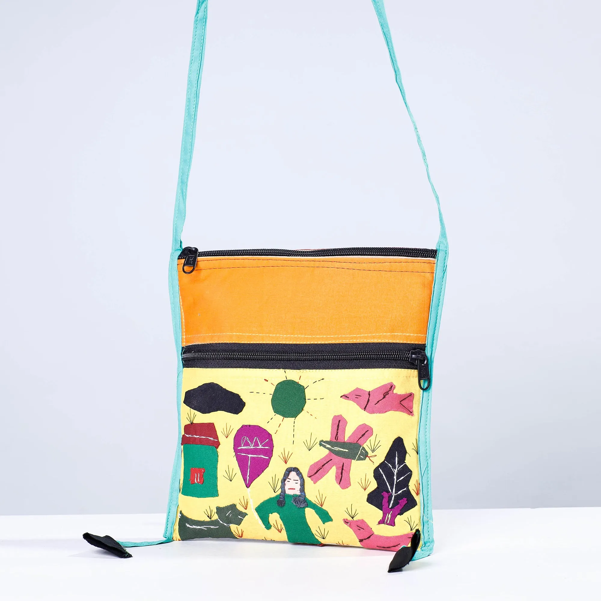 Yellow - Pipli Applique Work Cotton Sling Bag