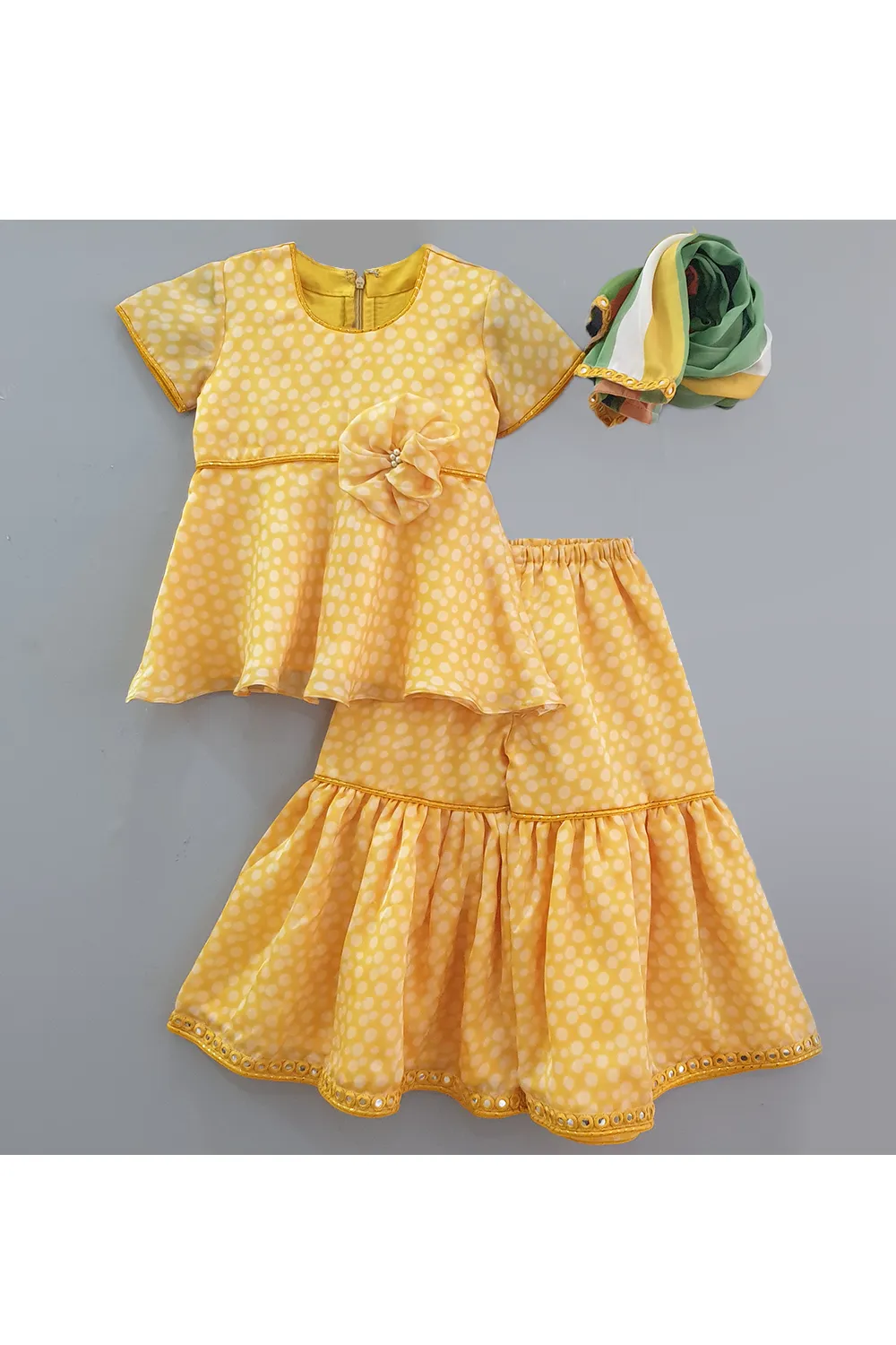 Yellow polka dot printed peplum style kurti and sharara with dupatta