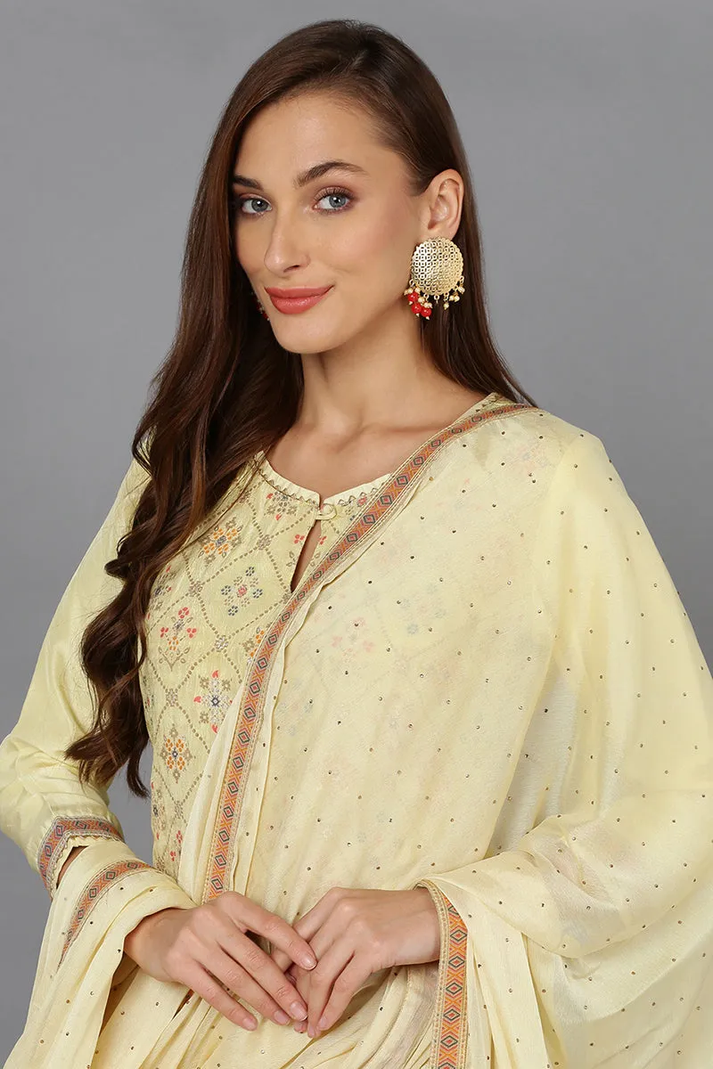 Yellow Silk Blend Ethnic Motifs Straight Suit Set