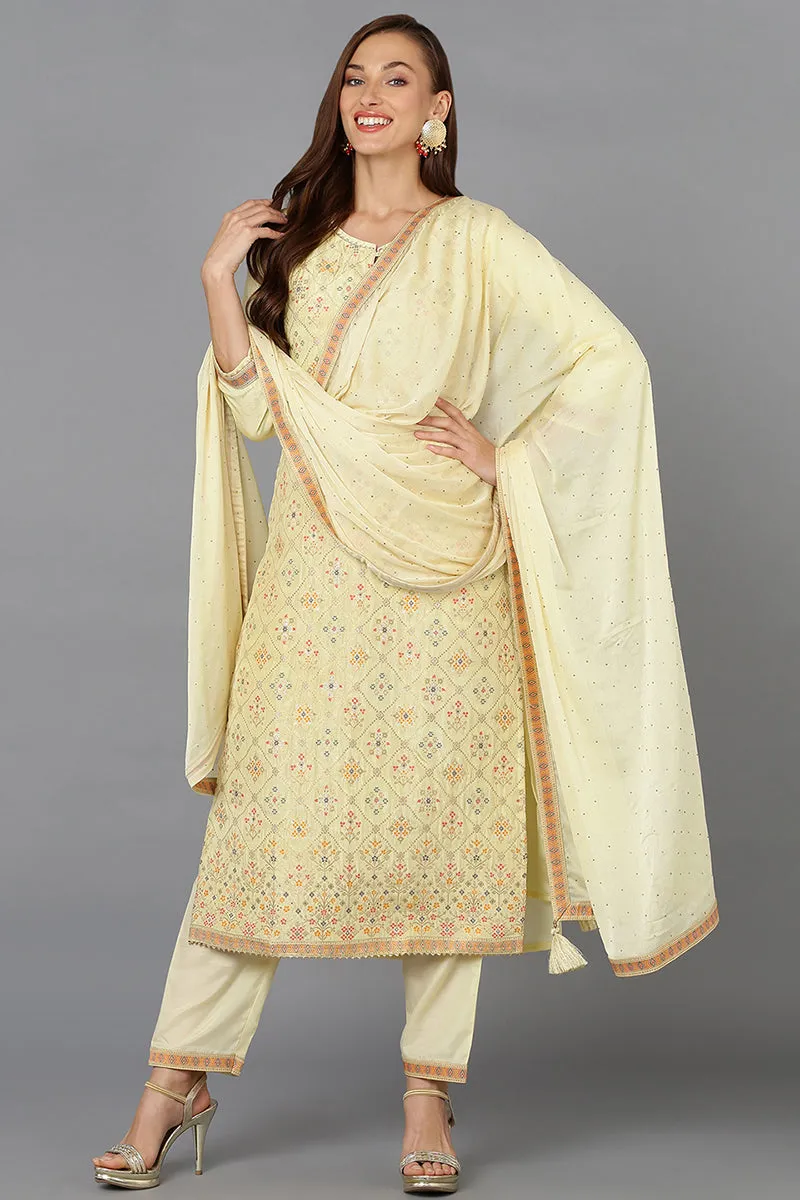 Yellow Silk Blend Ethnic Motifs Straight Suit Set