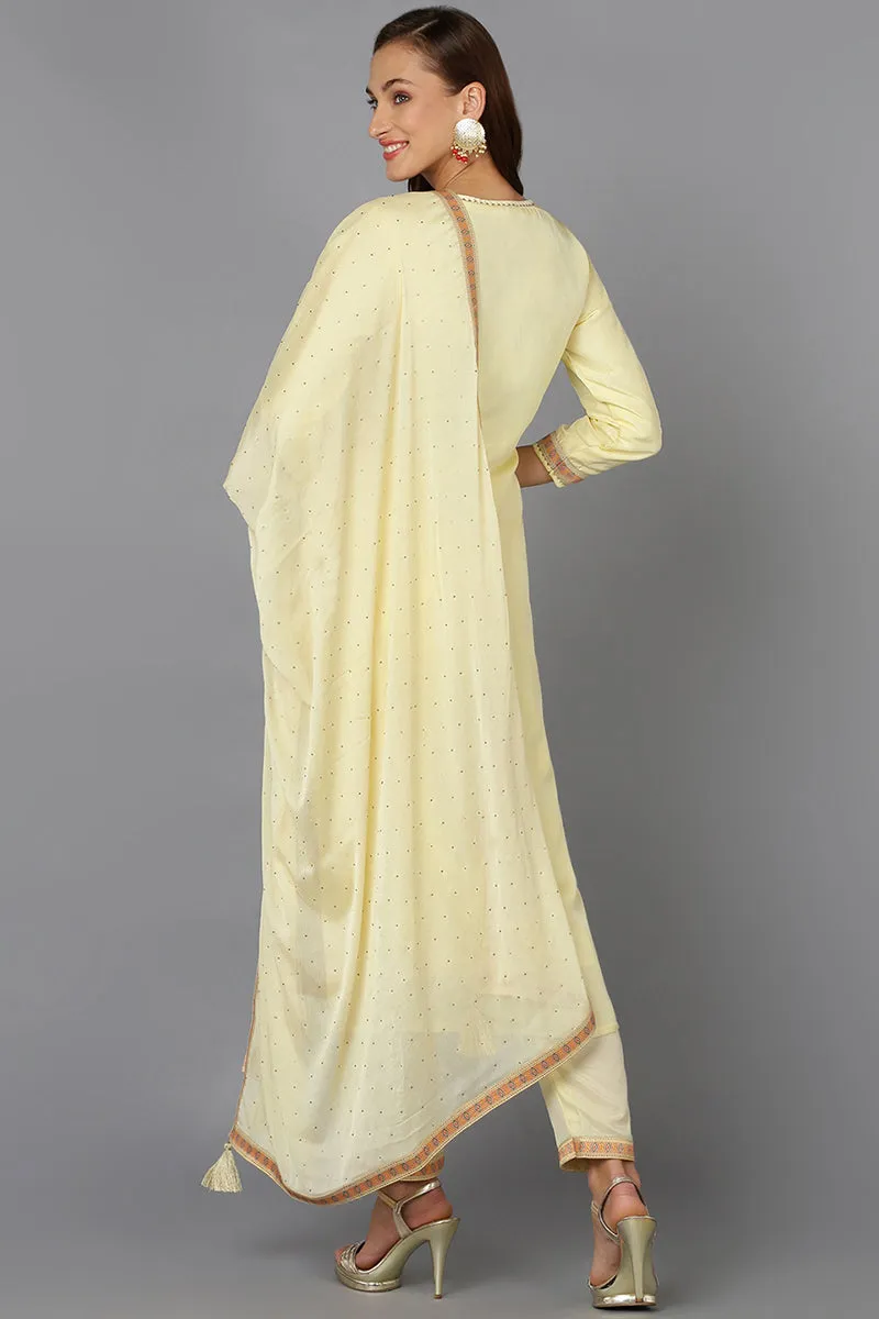 Yellow Silk Blend Ethnic Motifs Straight Suit Set