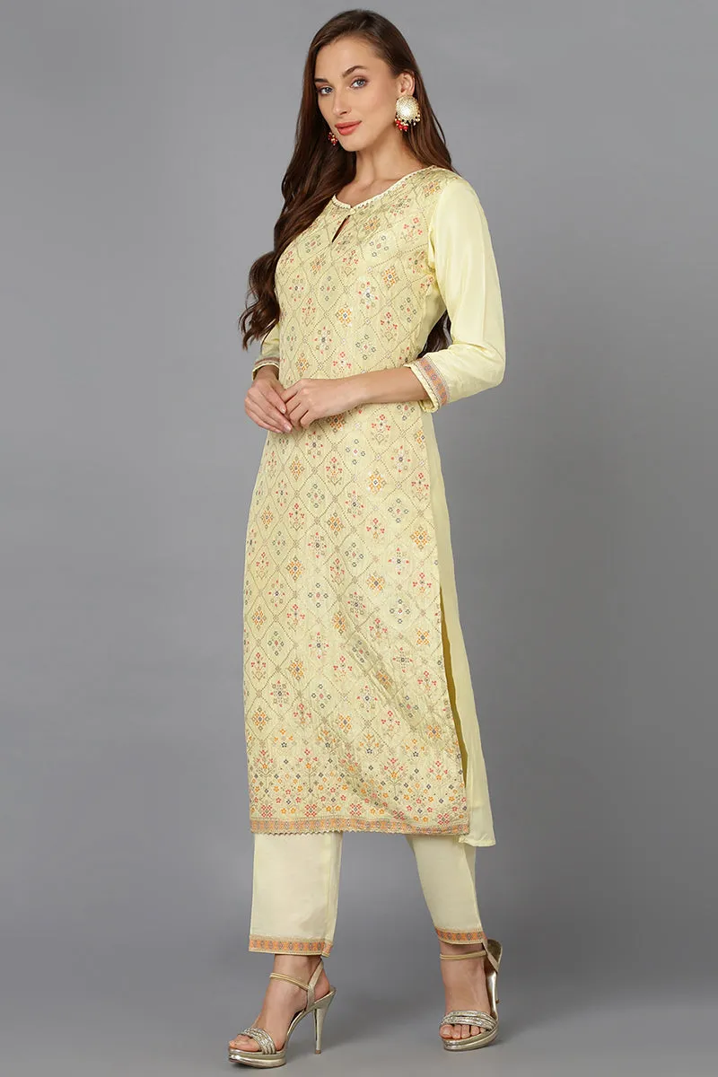 Yellow Silk Blend Ethnic Motifs Straight Suit Set