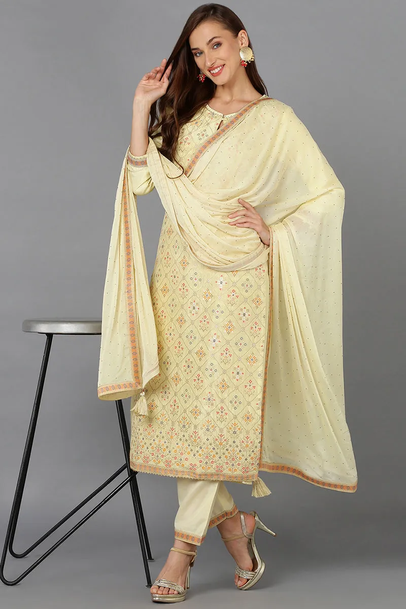 Yellow Silk Blend Ethnic Motifs Straight Suit Set